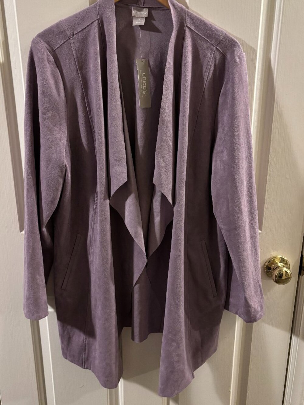 Chico's Lavender Faux Suede Open Front Draped Jacket Cardigan ~ 3 (16/18) ~ NWT